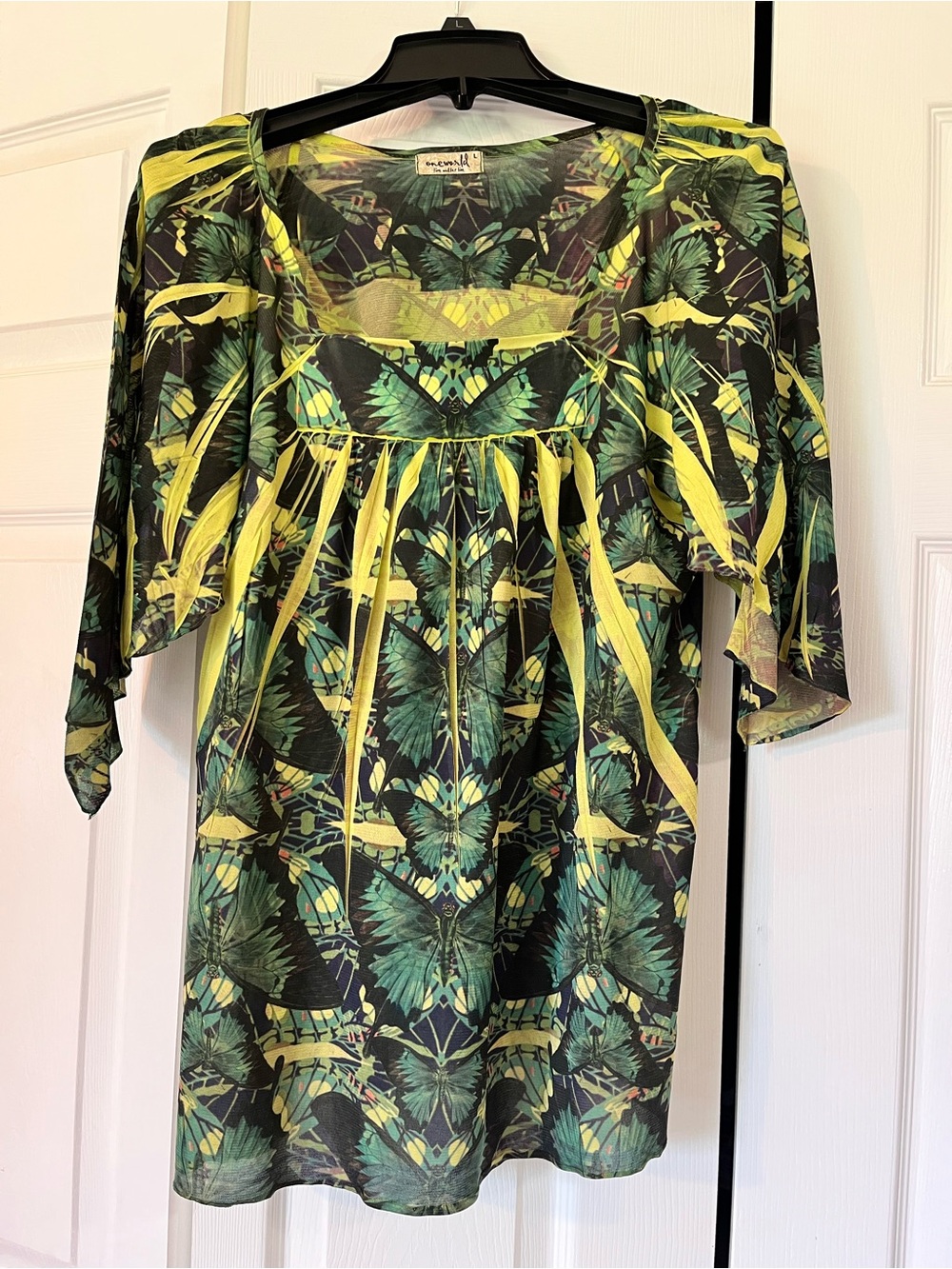 ONE WORLD Green & Yellow Butterfly Print Blouse 3/4 sleeve